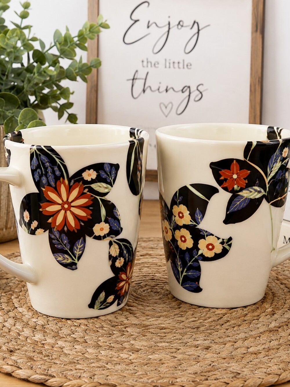 Tabletops Gallery Fleur Hand Painted Floral Mugs Coffee Tea Cup (Set of 2)